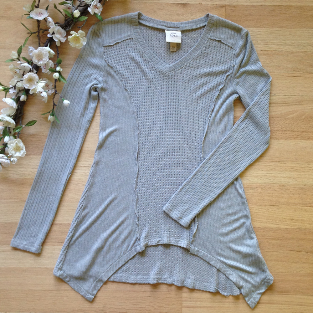 KNOX ROSE Gray Waffle Knit Long Sleeve Tee